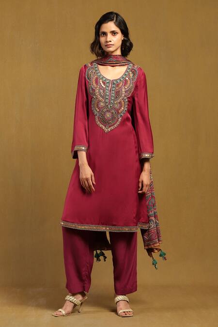 Ritu Kumar Red Satin Viscose Chiffon Embroidery Mandala Bloom U Neck Yoke Kurta Pant Set 