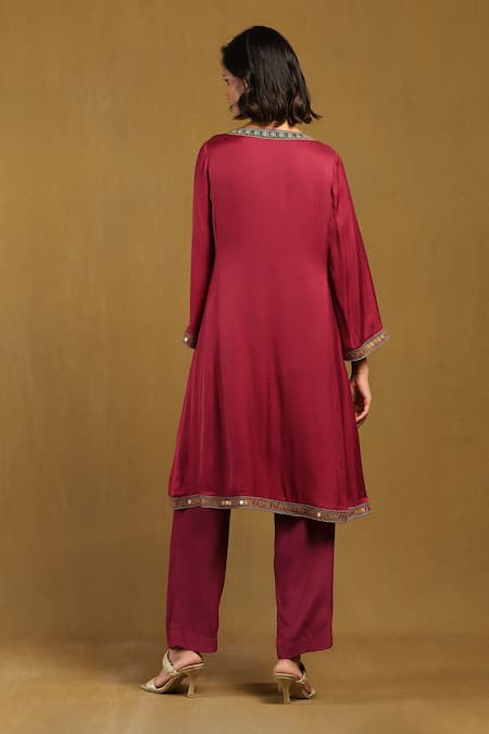 Shop Ritu Kumar Red Satin, Viscose, Chiffon Embroidery Round Mandala Bloom Yoke Kurta Pant Set at Aza Fashions Shop_Ritu Kumar_Red Satin, Viscose, Chiffon Embroidery Round Mandala Bloom Yoke Kurta Pant Set _at_Aza_Fashions