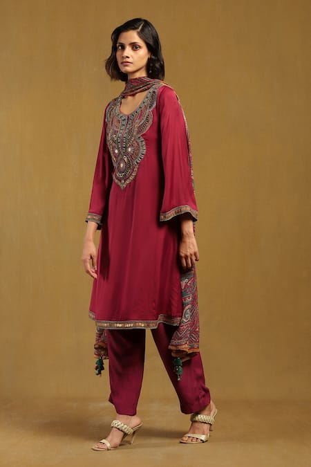 Ritu Kumar Red Satin, Viscose, Chiffon Embroidery Round Mandala Bloom Yoke Kurta Pant Set Online at Aza Fashions Ritu Kumar_Red Satin, Viscose, Chiffon Embroidery Round Mandala Bloom Yoke Kurta Pant Set _Online_at_Aza_Fashions