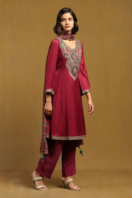 Buy Ritu Kumar Red Satin, Viscose, Chiffon Embroidery Round Mandala Bloom Yoke Kurta Pant Set Online at Aza Fashions Buy_Ritu Kumar_Red Satin, Viscose, Chiffon Embroidery Round Mandala Bloom Yoke Kurta Pant Set _Online_at_Aza_Fashions