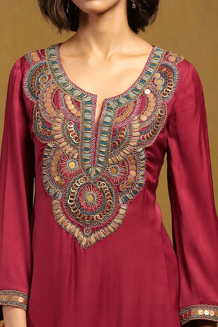 Shop Ritu Kumar Red Satin, Viscose, Chiffon Embroidery Round Mandala Bloom Yoke Kurta Pant Set Online at Aza Fashions Shop_Ritu Kumar_Red Satin, Viscose, Chiffon Embroidery Round Mandala Bloom Yoke Kurta Pant Set _Online_at_Aza_Fashions