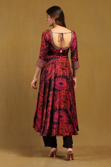 Shop Ritu Kumar Red Satin, Viscose Embroidery Round Hriday Floral Gloom Print Kurta Pant Set at Aza Fashions Shop_Ritu Kumar_Red Satin, Viscose Embroidery Round Hriday Floral Gloom Print Kurta Pant Set _at_Aza_Fashions