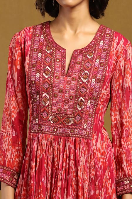 Shop Ritu Kumar Pink Viscose, Chiffon, Lycra Embroidery Niagra Abstract Print Layered Kurta Set Online at Aza Fashions Shop_Ritu Kumar_Pink Viscose, Chiffon, Lycra Embroidery Niagra Abstract Print Layered Kurta Set _Online_at_Aza_Fashions