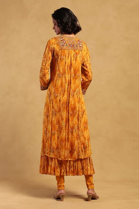 Shop Ritu Kumar Yellow Viscose, Chiffon, Lycra Niagra Abstract Mosaic Print Layered Kurta Set at Aza Fashions Shop_Ritu Kumar_Yellow Viscose, Chiffon, Lycra Niagra Abstract Mosaic Print Layered Kurta Set _at_Aza_Fashions