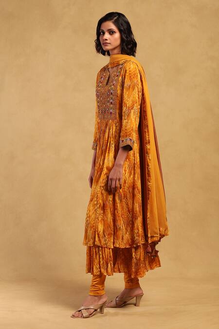 Ritu Kumar Yellow Viscose, Chiffon, Lycra Niagra Abstract Mosaic Print Layered Kurta Set Online at Aza Fashions Ritu Kumar_Yellow Viscose, Chiffon, Lycra Niagra Abstract Mosaic Print Layered Kurta Set _Online_at_Aza_Fashions
