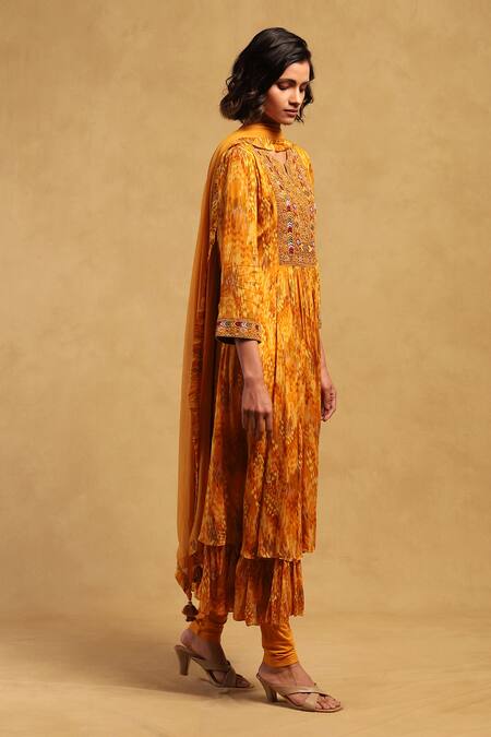 Buy Ritu Kumar Yellow Viscose, Chiffon, Lycra Niagra Abstract Mosaic Print Layered Kurta Set Online at Aza Fashions Buy_Ritu Kumar_Yellow Viscose, Chiffon, Lycra Niagra Abstract Mosaic Print Layered Kurta Set _Online_at_Aza_Fashions