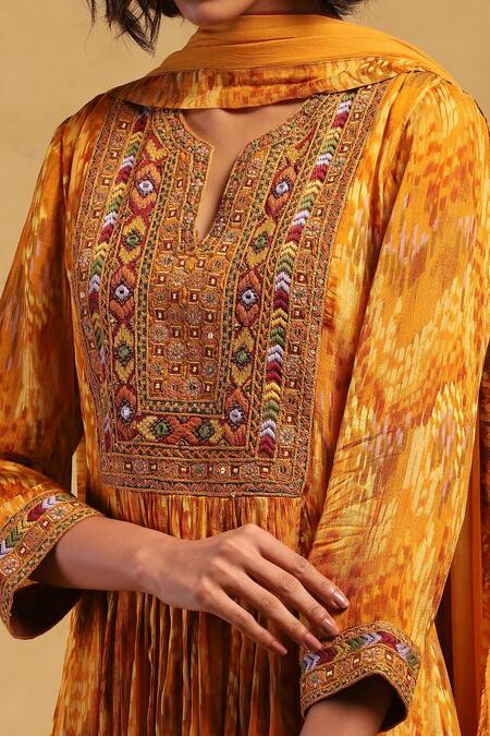 Shop Ritu Kumar Yellow Viscose, Chiffon, Lycra Niagra Abstract Mosaic Print Layered Kurta Set Online at Aza Fashions Shop_Ritu Kumar_Yellow Viscose, Chiffon, Lycra Niagra Abstract Mosaic Print Layered Kurta Set _Online_at_Aza_Fashions