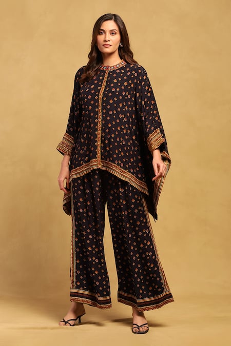 Ritu Kumar Black Viscose Crepe Print Aztec Bloom Motif Round Gopuram Shirt With Pant 