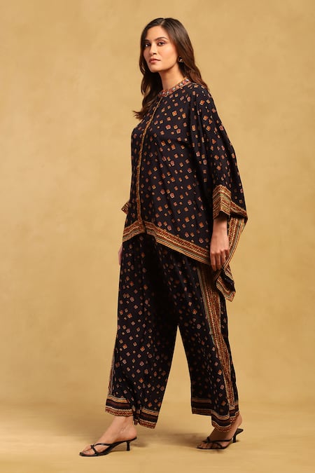 Ritu Kumar_Black Viscose Round Neck Gopuram Aztec Bloom Motif Print Shirt With Pant _Online_at_Aza_Fashions