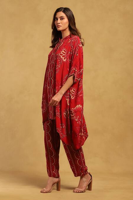 Ritu Kumar_Red Viscose, Crepe Embroidery Mandarin Fatema Floral Print C Cut Tunic With Pant_Online_at_Aza_Fashions