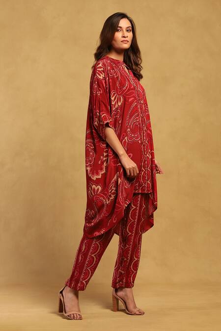 Buy_Ritu Kumar_Red Viscose, Crepe Embroidery Mandarin Fatema Floral Print C Cut Tunic With Pant_Online_at_Aza_Fashions
