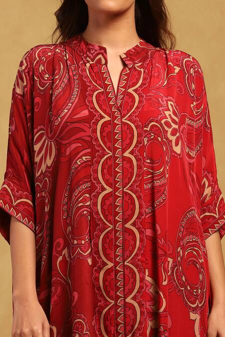Shop_Ritu Kumar_Red Viscose, Crepe Embroidery Mandarin Fatema Floral Print C Cut Tunic With Pant_Online_at_Aza_Fashions