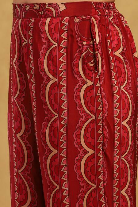 Ritu Kumar_Red Viscose, Crepe Embroidery Mandarin Fatema Floral Print C Cut Tunic With Pant_at_Aza_Fashions