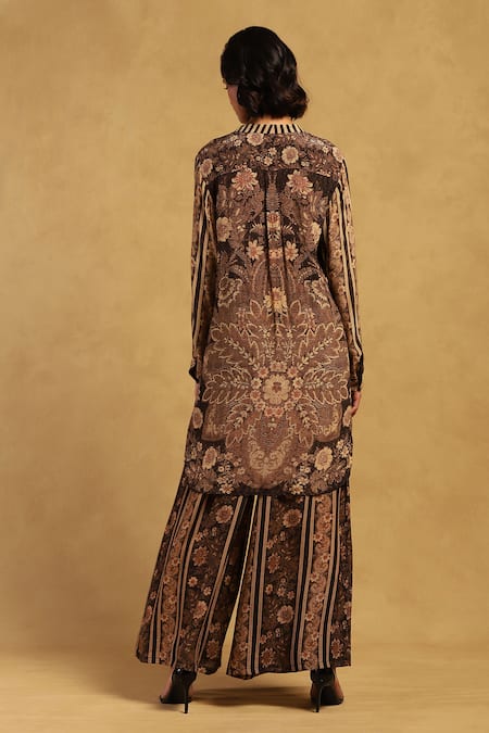 Shop Ritu Kumar Black Viscose Mandarin Collar Arohi Vintage Bloom Print Tunic With Flared Pant at Aza Fashions Shop_Ritu Kumar_Black Viscose Mandarin Collar Arohi Vintage Bloom Print Tunic With Flared Pant _at_Aza_Fashions