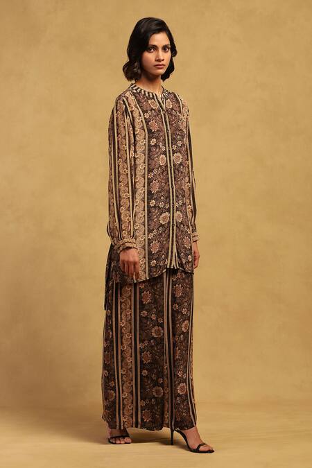 Buy Ritu Kumar Black Viscose Mandarin Collar Arohi Vintage Bloom Print Tunic With Flared Pant Online at Aza Fashions Buy_Ritu Kumar_Black Viscose Mandarin Collar Arohi Vintage Bloom Print Tunic With Flared Pant _Online_at_Aza_Fashions