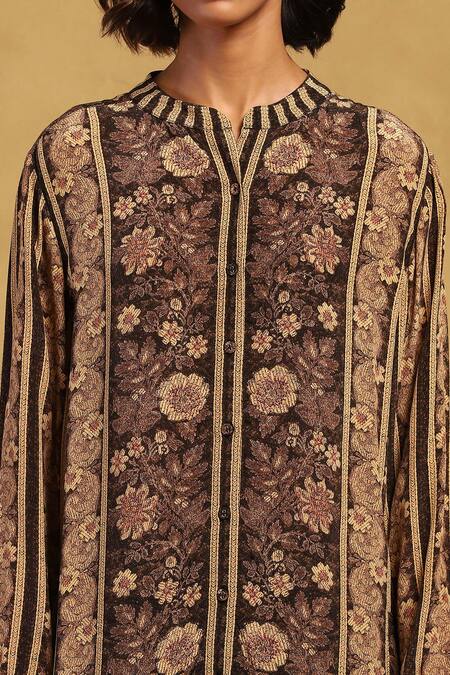 Shop Ritu Kumar Black Viscose Mandarin Collar Arohi Vintage Bloom Print Tunic With Flared Pant Online at Aza Fashions Shop_Ritu Kumar_Black Viscose Mandarin Collar Arohi Vintage Bloom Print Tunic With Flared Pant _Online_at_Aza_Fashions