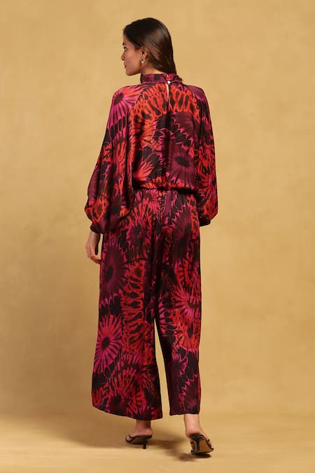 Shop Ritu Kumar Red Satin High Neck Abstract Floral Print Top With Pant at Aza Fashions Shop_Ritu Kumar_Red Satin High Neck Abstract Floral Print Top With Pant _at_Aza_Fashions