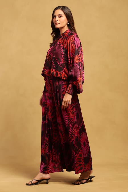 Ritu Kumar Red Satin High Neck Abstract Floral Print Top With Pant Online at Aza Fashions Ritu Kumar_Red Satin High Neck Abstract Floral Print Top With Pant _Online_at_Aza_Fashions