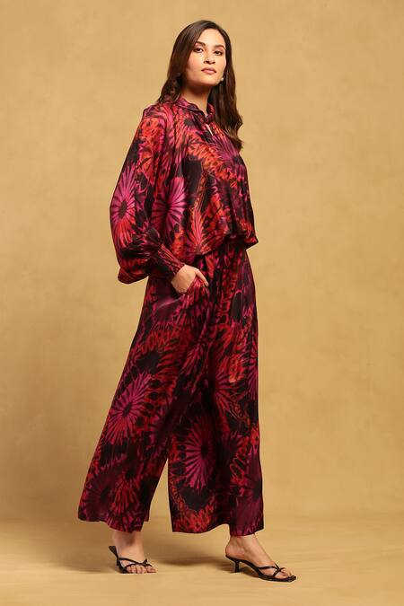 Buy Ritu Kumar Red Satin High Neck Abstract Floral Print Top With Pant Online at Aza Fashions Buy_Ritu Kumar_Red Satin High Neck Abstract Floral Print Top With Pant _Online_at_Aza_Fashions