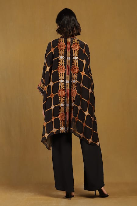 Shop Ritu Kumar Black Viscose, Polyester Kinnauri Bloom Vine Print Cape And Pant Set at Aza Fashions Shop_Ritu Kumar_Black Viscose, Polyester Kinnauri Bloom Vine Print Cape And Pant Set _at_Aza_Fashions