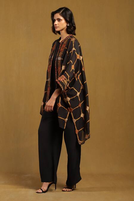 Ritu Kumar Black Viscose, Polyester Kinnauri Bloom Vine Print Cape And Pant Set Online at Aza Fashions Ritu Kumar_Black Viscose, Polyester Kinnauri Bloom Vine Print Cape And Pant Set _Online_at_Aza_Fashions