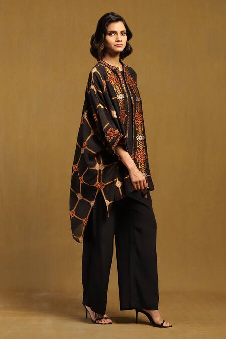 Buy Ritu Kumar Black Viscose, Polyester Kinnauri Bloom Vine Print Cape And Pant Set Online at Aza Fashions Buy_Ritu Kumar_Black Viscose, Polyester Kinnauri Bloom Vine Print Cape And Pant Set _Online_at_Aza_Fashions
