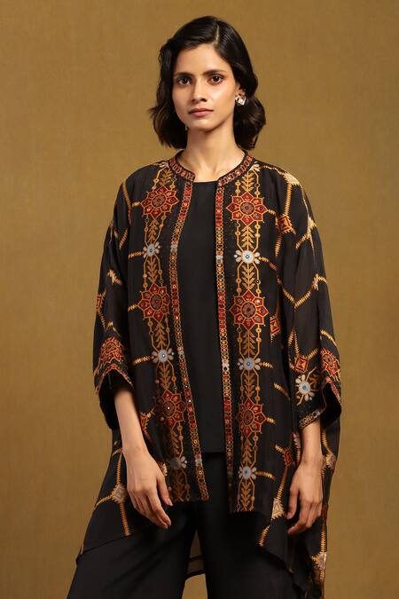 Buy Ritu Kumar Black Viscose, Polyester Kinnauri Bloom Vine Print Cape And Pant Set Buy_Ritu Kumar_Black Viscose, Polyester Kinnauri Bloom Vine Print Cape And Pant Set
