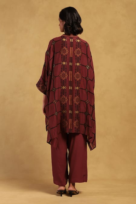 Shop Ritu Kumar Maroon Viscose, Polyester Kinnauri Blossom Vine Print Cape And Pant Set at Aza Fashions Shop_Ritu Kumar_Maroon Viscose, Polyester Kinnauri Blossom Vine Print Cape And Pant Set _at_Aza_Fashions