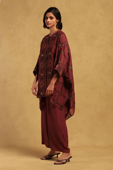 Ritu Kumar Maroon Viscose, Polyester Kinnauri Blossom Vine Print Cape And Pant Set Online at Aza Fashions Ritu Kumar_Maroon Viscose, Polyester Kinnauri Blossom Vine Print Cape And Pant Set _Online_at_Aza_Fashions