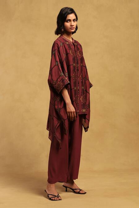 Buy Ritu Kumar Maroon Viscose, Polyester Kinnauri Blossom Vine Print Cape And Pant Set Online at Aza Fashions Buy_Ritu Kumar_Maroon Viscose, Polyester Kinnauri Blossom Vine Print Cape And Pant Set _Online_at_Aza_Fashions
