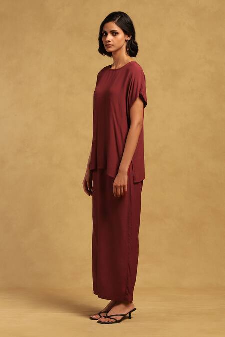 Shop Ritu Kumar Maroon Viscose, Polyester Kinnauri Blossom Vine Print Cape And Pant Set Online at Aza Fashions Shop_Ritu Kumar_Maroon Viscose, Polyester Kinnauri Blossom Vine Print Cape And Pant Set _Online_at_Aza_Fashions