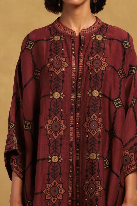 Ritu Kumar Maroon Viscose, Polyester Kinnauri Blossom Vine Print Cape And Pant Set at Aza Fashions Ritu Kumar_Maroon Viscose, Polyester Kinnauri Blossom Vine Print Cape And Pant Set _at_Aza_Fashions