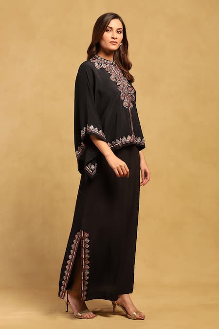 Buy_Ritu Kumar_Black Viscose Embroidery Mandarin Collar Sophie Paisley Vine Top With Skirt_Online_at_Aza_Fashions