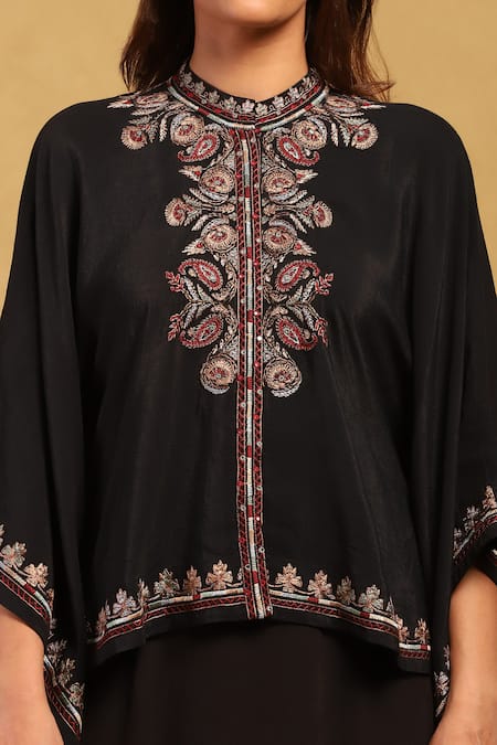 Shop_Ritu Kumar_Black Viscose Embroidery Mandarin Collar Sophie Paisley Vine Top With Skirt_Online_at_Aza_Fashions