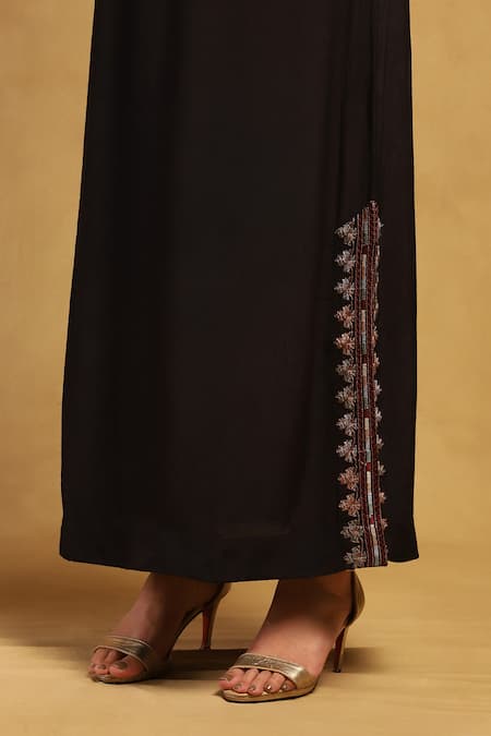 Ritu Kumar_Black Viscose Embroidery Mandarin Collar Sophie Paisley Vine Top With Skirt_at_Aza_Fashions