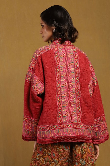 Shop Ritu Kumar Pink Cotton Embroidery Abstract Vine Stand Collar Peru Jacket at Aza Fashions Shop_Ritu Kumar_Pink Cotton Embroidery Abstract Vine Stand Collar Peru Jacket _at_Aza_Fashions