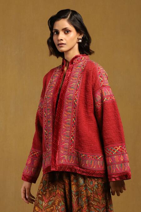 Ritu Kumar Pink Cotton Embroidery Abstract Vine Stand Collar Peru Jacket Online at Aza Fashions Ritu Kumar_Pink Cotton Embroidery Abstract Vine Stand Collar Peru Jacket _Online_at_Aza_Fashions