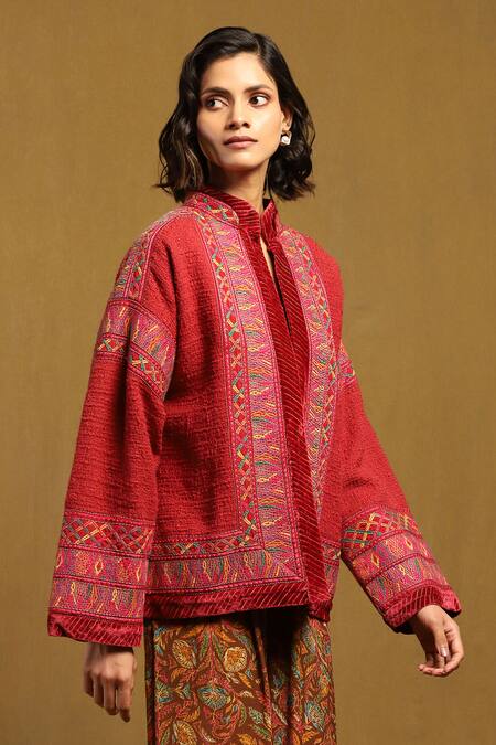 Buy Ritu Kumar Pink Cotton Embroidery Abstract Vine Stand Collar Peru Jacket Online at Aza Fashions Buy_Ritu Kumar_Pink Cotton Embroidery Abstract Vine Stand Collar Peru Jacket _Online_at_Aza_Fashions