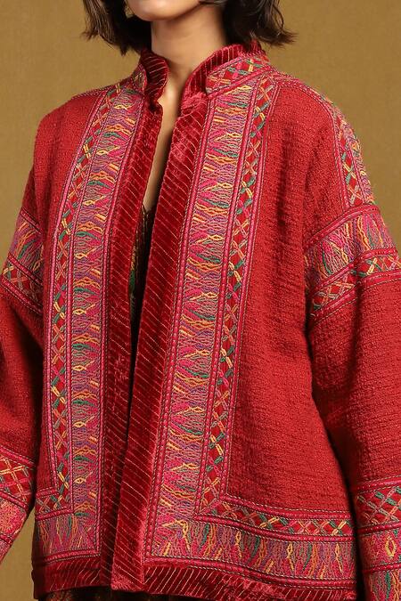 Shop Ritu Kumar Pink Cotton Embroidery Abstract Vine Stand Collar Peru Jacket Online at Aza Fashions Shop_Ritu Kumar_Pink Cotton Embroidery Abstract Vine Stand Collar Peru Jacket _Online_at_Aza_Fashions