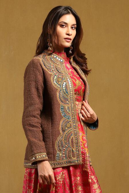 Shop_Ritu Kumar_Brown Cotton Embroidery Scallop Bloom Open Neck Yale Jacket _Online_at_Aza_Fashions