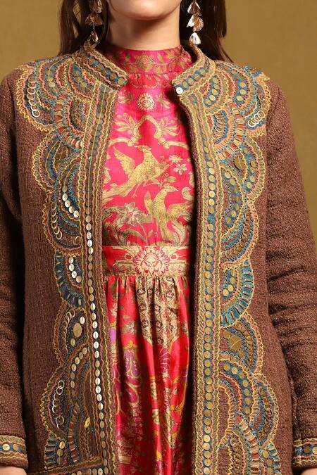 Ritu Kumar_Brown Cotton Embroidery Scallop Bloom Open Neck Yale Jacket _at_Aza_Fashions