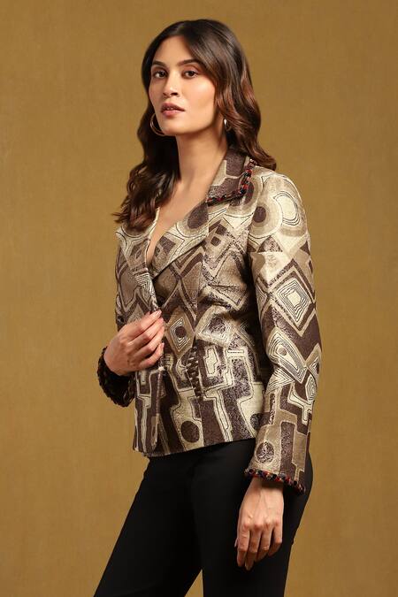 Buy_Ritu Kumar_Black Silk Print Abstract Mosaic Camp Collar Meraki Jacket _Online_at_Aza_Fashions