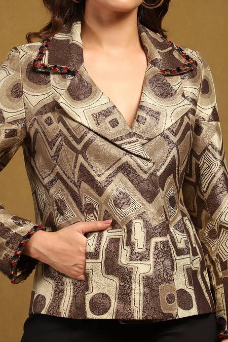 Ritu Kumar_Black Silk Print Abstract Mosaic Camp Collar Meraki Jacket _at_Aza_Fashions