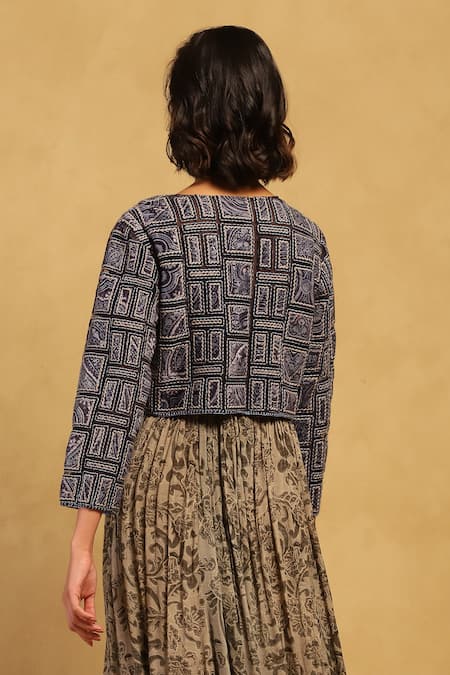 Shop Ritu Kumar Blue Poly Velvet Embroidery Bloom Art Open Round Neck Applique Jacket at Aza Fashions Shop_Ritu Kumar_Blue Poly Velvet Embroidery Bloom Art Open Round Neck Applique Jacket _at_Aza_Fashions