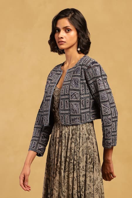 Buy Ritu Kumar Blue Poly Velvet Embroidery Bloom Art Open Round Neck Applique Jacket Online at Aza Fashions Buy_Ritu Kumar_Blue Poly Velvet Embroidery Bloom Art Open Round Neck Applique Jacket _Online_at_Aza_Fashions
