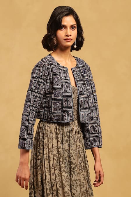Shop Ritu Kumar Blue Poly Velvet Embroidery Bloom Art Open Round Neck Applique Jacket Online at Aza Fashions Shop_Ritu Kumar_Blue Poly Velvet Embroidery Bloom Art Open Round Neck Applique Jacket _Online_at_Aza_Fashions