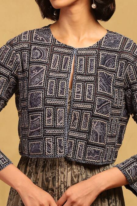 Ritu Kumar Blue Poly Velvet Embroidery Bloom Art Open Round Neck Applique Jacket at Aza Fashions Ritu Kumar_Blue Poly Velvet Embroidery Bloom Art Open Round Neck Applique Jacket _at_Aza_Fashions