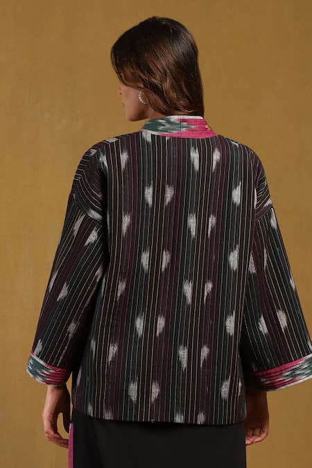 Shop_Ritu Kumar_Black Cotton Yarn Dyed Ikkat Embroidery Stitchline Shawl Pattern And Jacket _at_Aza_Fashions