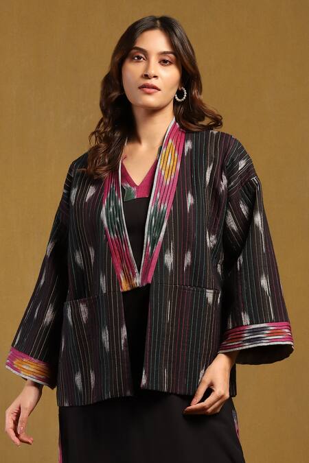 Ritu Kumar_Black Cotton Yarn Dyed Ikkat Embroidery Stitchline Shawl Pattern And Jacket _Online_at_Aza_Fashions