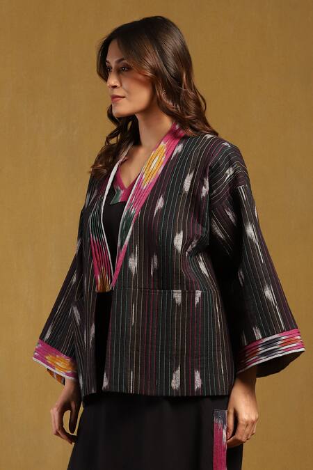 Buy_Ritu Kumar_Black Cotton Yarn Dyed Ikkat Embroidery Stitchline Shawl Pattern And Jacket _Online_at_Aza_Fashions
